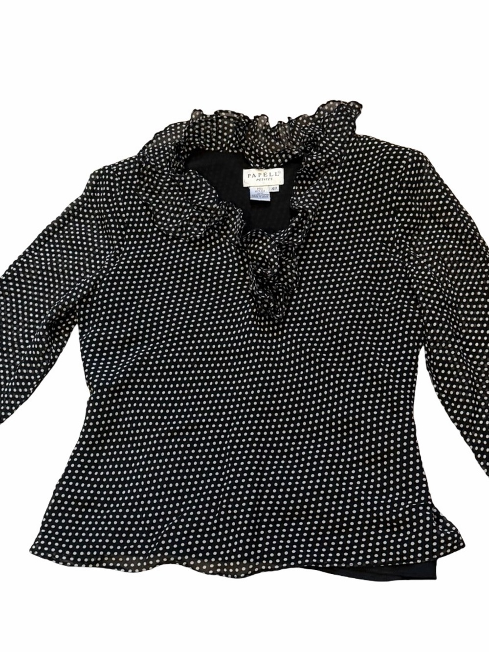 Vintage silk Papell Black and White Polka Dot Ruffle Neck Blouse